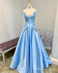 Light Sky Blue Spaghetti Straps Long Prom Dresses Beaded Pocket Evening Gowns SED026|Selinadress