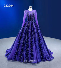 Long Sleeve Beaded Prom Dress Ball Gown Blue Pageant Dress RSM222204|Selinadress