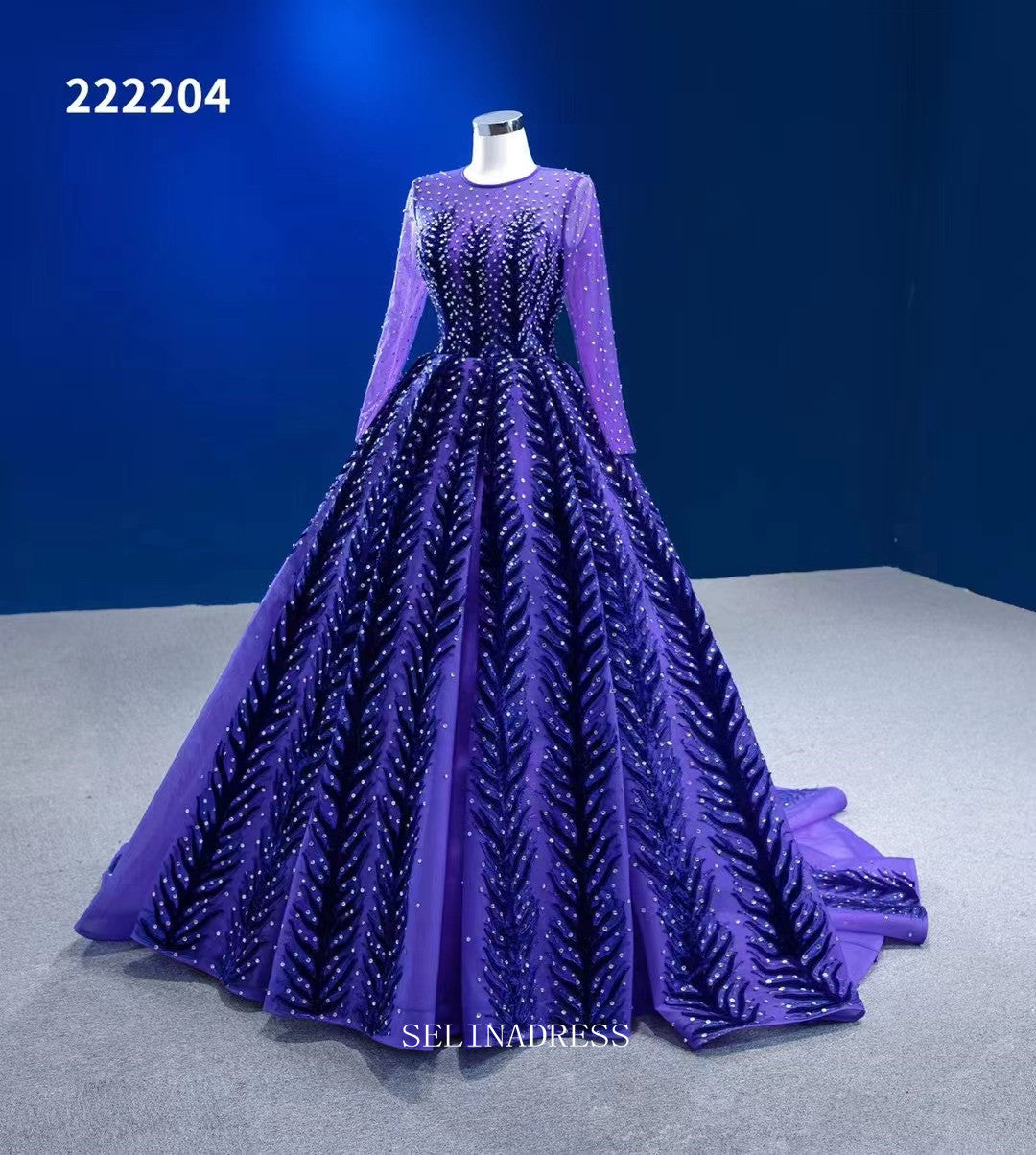 Long Sleeve Beaded Prom Dress Ball Gown Blue Pageant Dress RSM222204|Selinadress