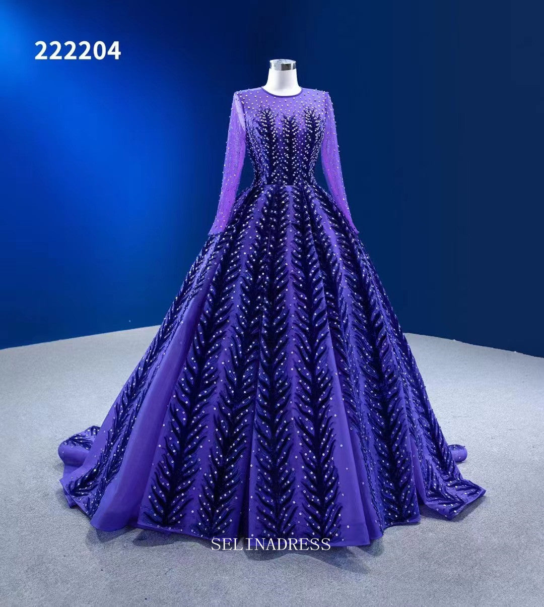 Long Sleeve Beaded Prom Dress Ball Gown Blue Pageant Dress RSM222204|Selinadress