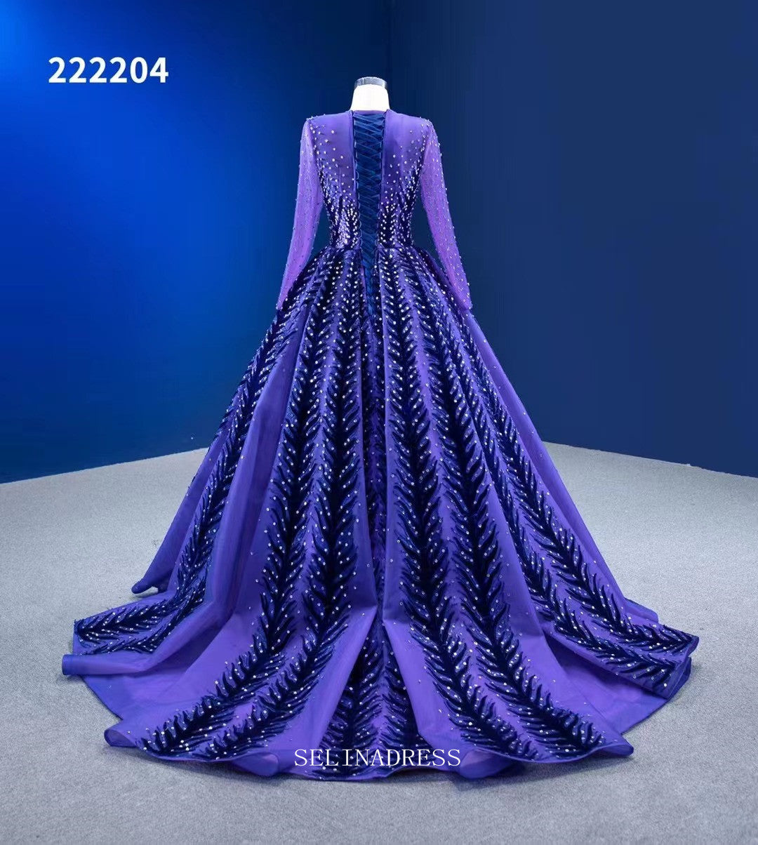 Long Sleeve Beaded Prom Dress Ball Gown Blue Pageant Dress RSM222204|Selinadress