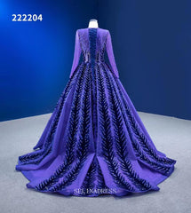 Long Sleeve Beaded Prom Dress Ball Gown Blue Pageant Dress RSM222204|Selinadress