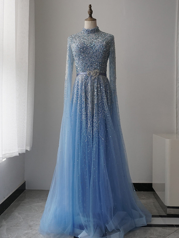 luxurious A-Line High Neck Blue Prom Dress Long Sleeve Beaded Evening Dresses GKF011|Selinadress