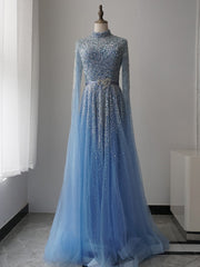 luxurious A-Line High Neck Blue Prom Dress Long Sleeve Beaded Evening Dresses GKF011|Selinadress