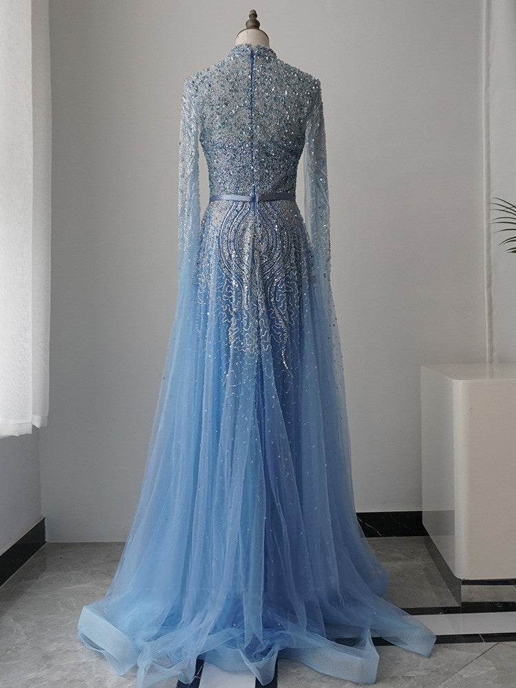 luxurious A-Line High Neck Blue Prom Dress Long Sleeve Beaded Evening Dresses GKF011|Selinadress