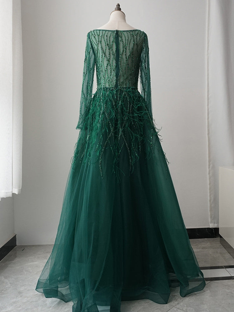 luxurious A-line Long Sleeve Green Long Prom Dress Beaded Evening Dresses GKF009|Selinadress