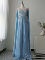 luxury A-line Bateau Long Sleeve Light Sky Blue Long Prom Dress Evening Dress MLH0472|Selinadress