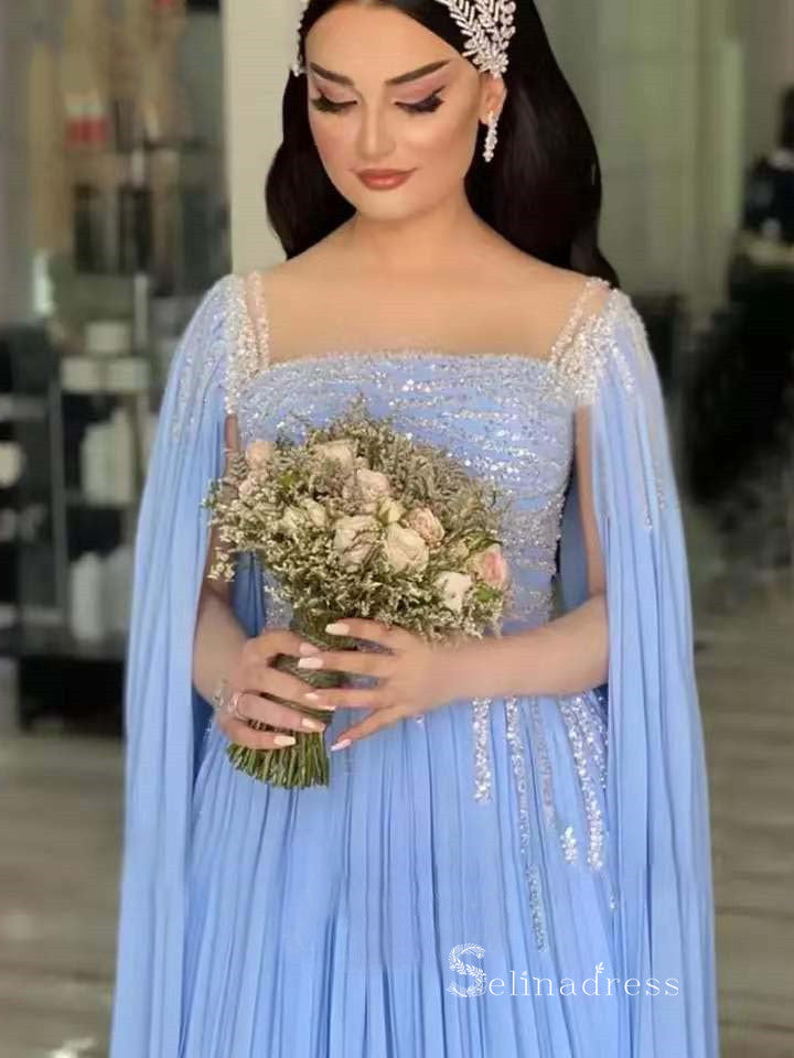 luxury A-line Bateau Long Sleeve Light Sky Blue Long Prom Dress Evening Dress MLH0472|Selinadress