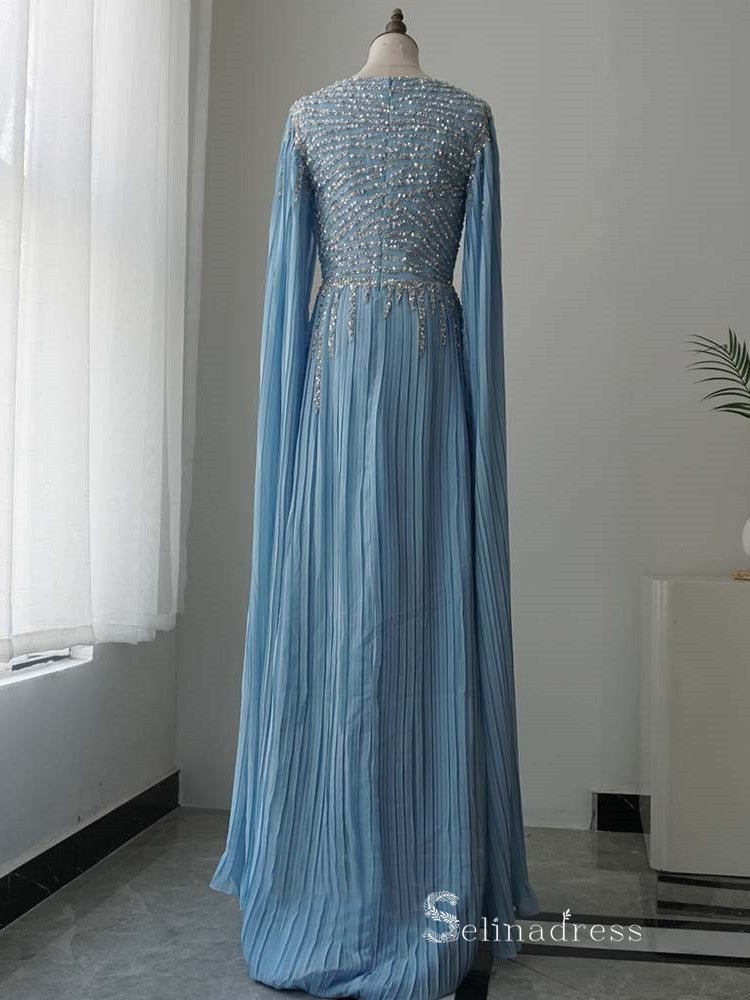 luxury A-line Bateau Long Sleeve Light Sky Blue Long Prom Dress Evening Dress MLH0472|Selinadress