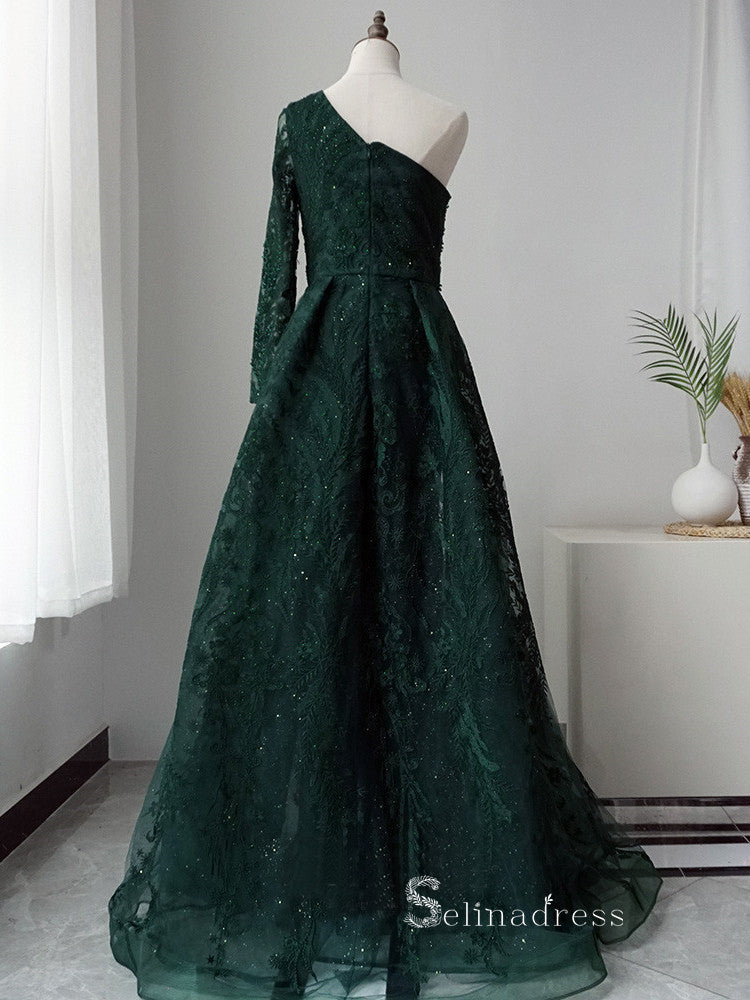 Luxury A-line Embroidery Beaded Dark Green Long Prom Dresses Modest Evening Dresses ASB019|Selinadress