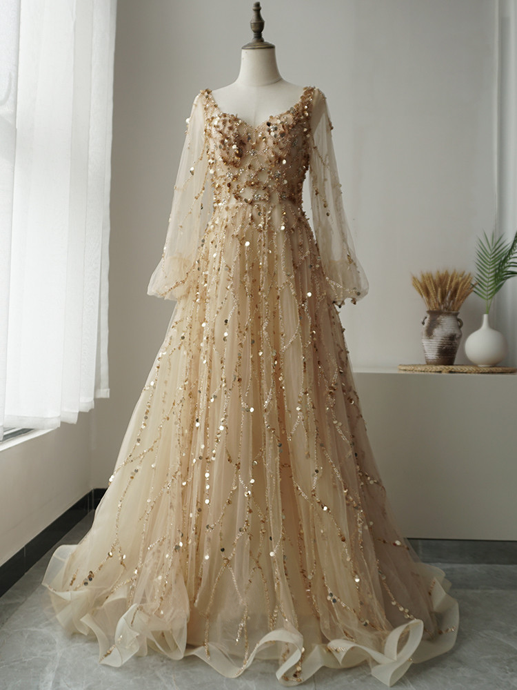 Luxury A-line Hand-stitched Beads Long Prom Dress Gold Long Evening Gowns ASB015|Selinadress