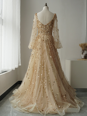 Luxury A-line Hand-stitched Beads Long Prom Dress Gold Long Evening Gowns ASB015|Selinadress