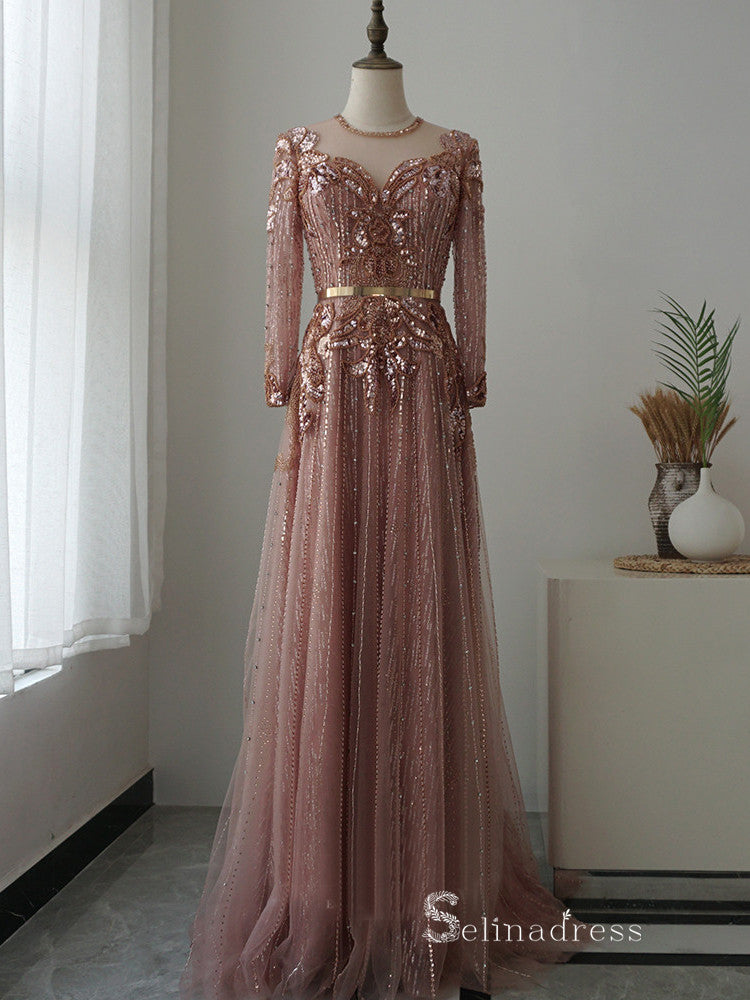 luxury A-line Scoop Long Sleeve Beaded Long Prom Dress Pink Evening Dress MLH0476|Selinadress