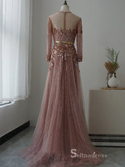 luxury A-line Scoop Long Sleeve Beaded Long Prom Dress Pink Evening Dress MLH0476|Selinadress