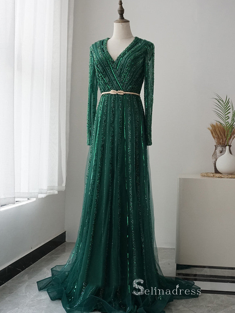 luxury A-line V neck Long Sleeve Beaded Long Prom Dress Green Evening Dress MLH0474|Selinadress