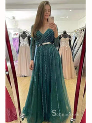 luxury A-line V neck Long Sleeve Beaded Long Prom Dress Green Evening Dress MLH0474|Selinadress