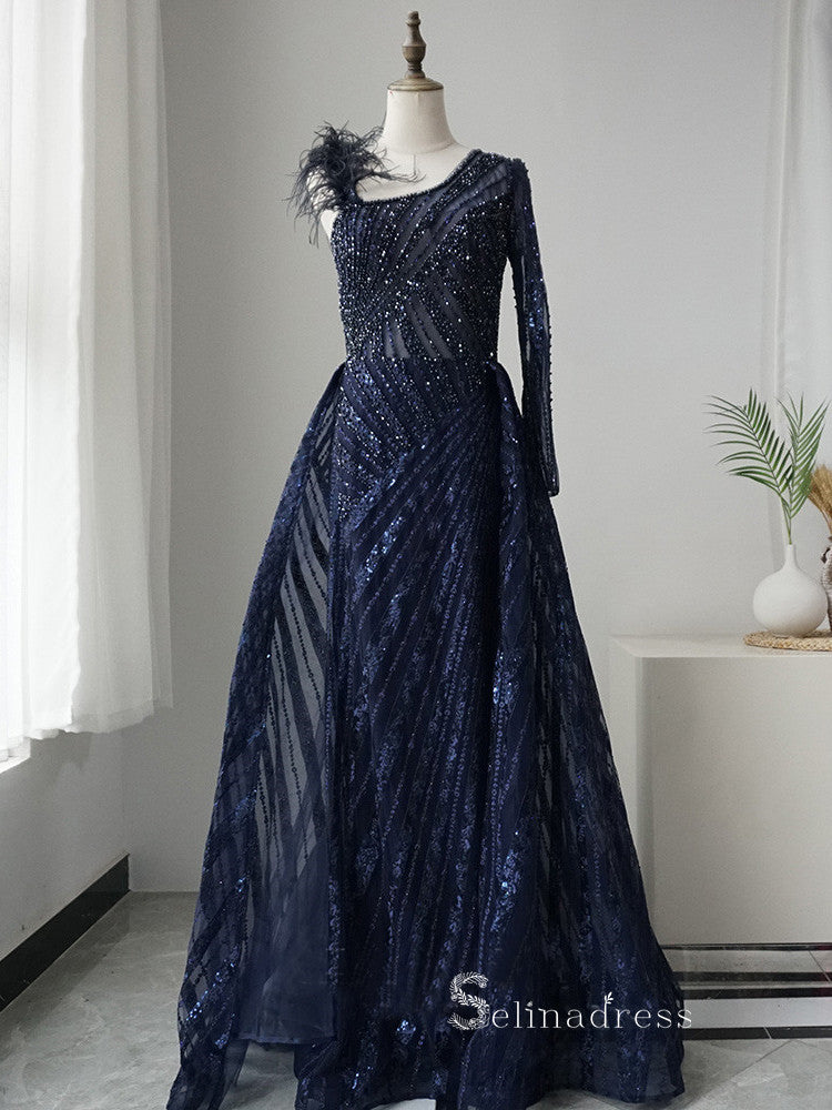 Luxury Long Sleeve Sparkly Beaded Prom Dresses Dark Navy Modest Evening Dresses ASB016|Selinadress