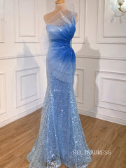 luxury Mermaid Blue Prom Dress Sequins Long Evening Formal Gowns hlkS002|Selinadress