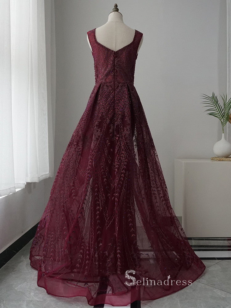 Luxury Mermaid Embroidery Beaded Burgundy Long Prom Dresses Modest Evening Dresses ASB018|Selinadress