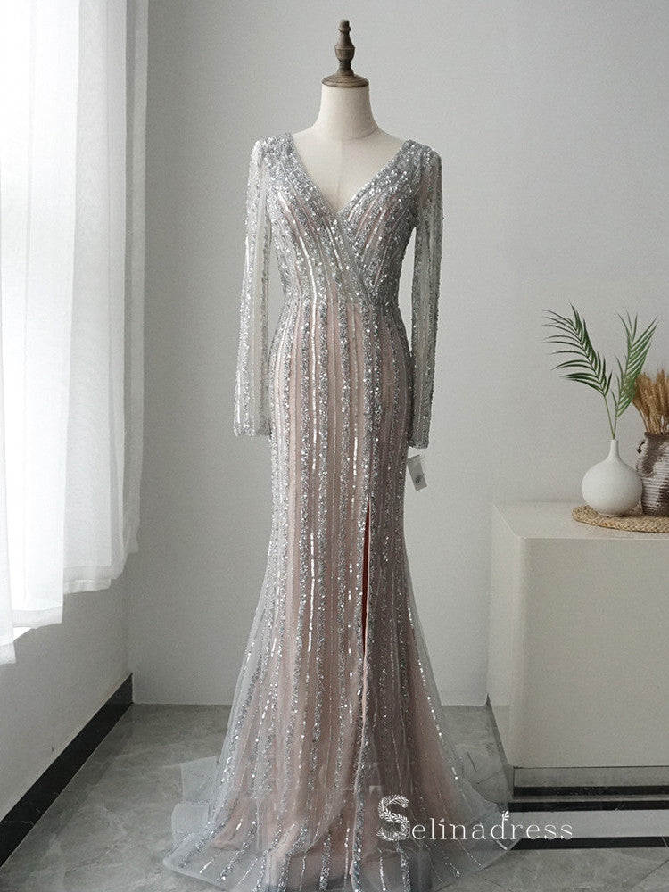 luxury Mermaid Long Sleeve Beaded Prom Dress Silver Long Evening Dress MLH0470|Selinadress