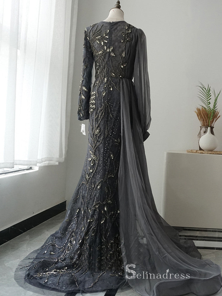 luxury Mermaid Scoop Long Sleeve Beaded Long Prom Dress Gray Evening Dress MLH0475|Selinadress