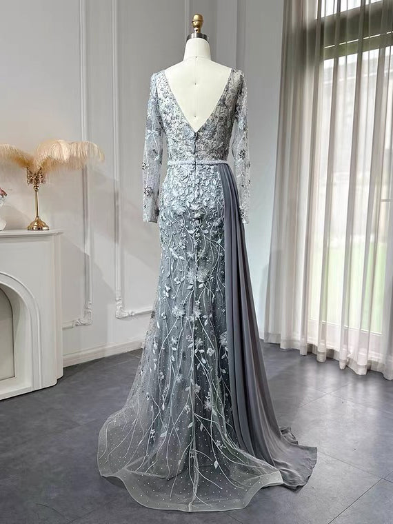 Luxury Mermaid V neck Long Sleeve Prom Dress Lace Beaded Evening Gowns #OPS009|Selinadress