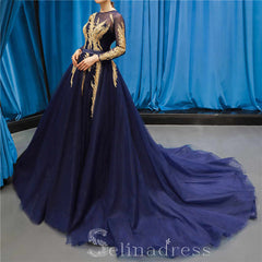 Luxury Navy Blue Long Sleeves Evening Dresses Beading Scoop Neck Formal Gowns #SED216