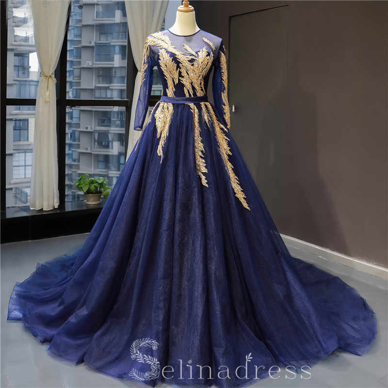 Luxury Navy Blue Long Sleeves Evening Dresses Beading Scoop Neck Formal Gowns #SED216