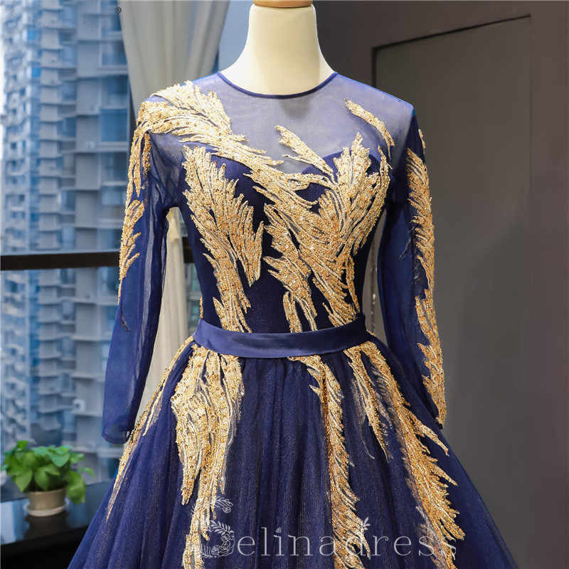 Luxury Navy Blue Long Sleeves Evening Dresses Beading Scoop Neck Formal Gowns #SED216