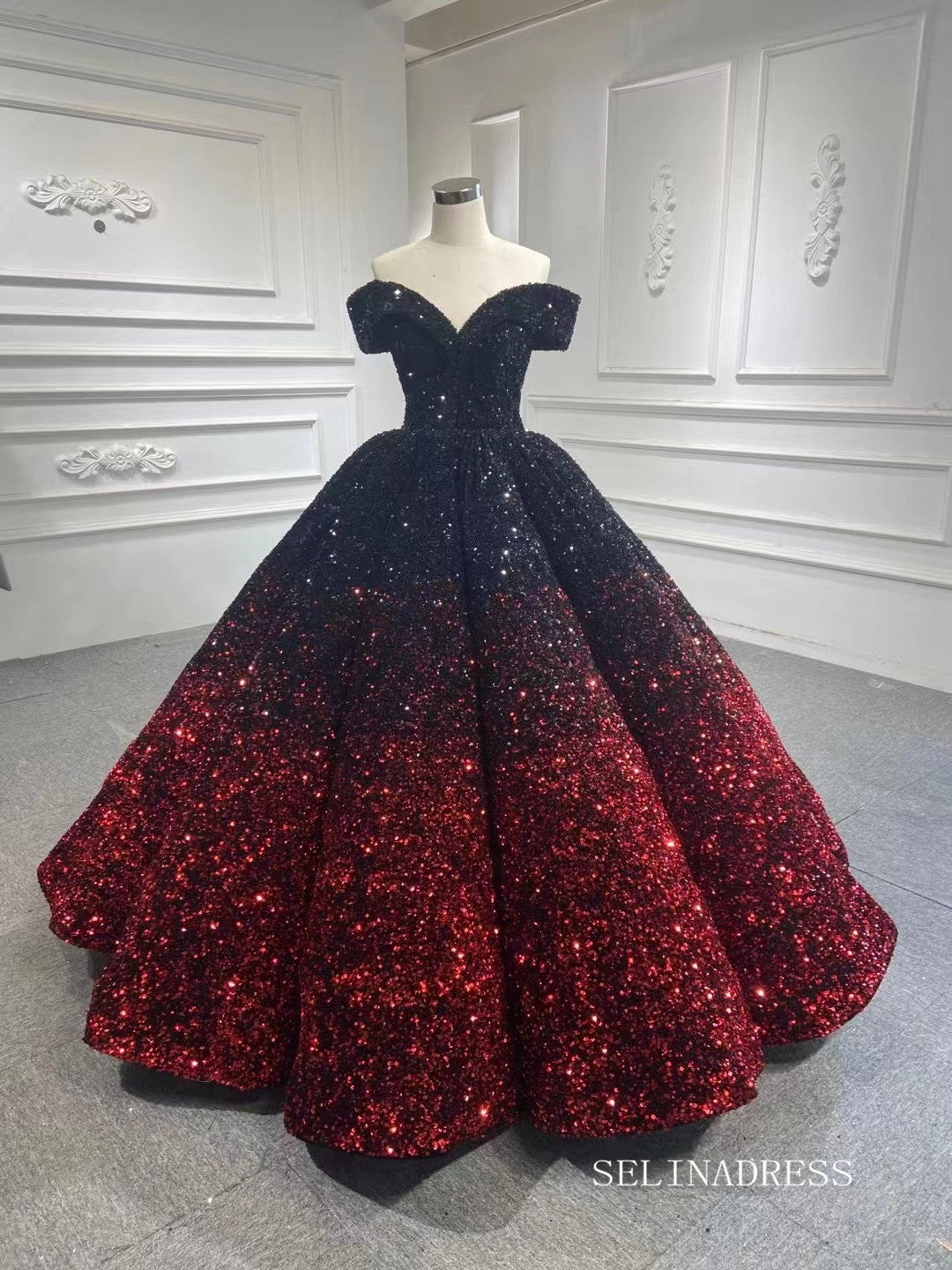 Luxury Off-the-shoulder Ball Gown Ombre Sparkly Prom Dress Quincess Dress RSM66991|Selinadress