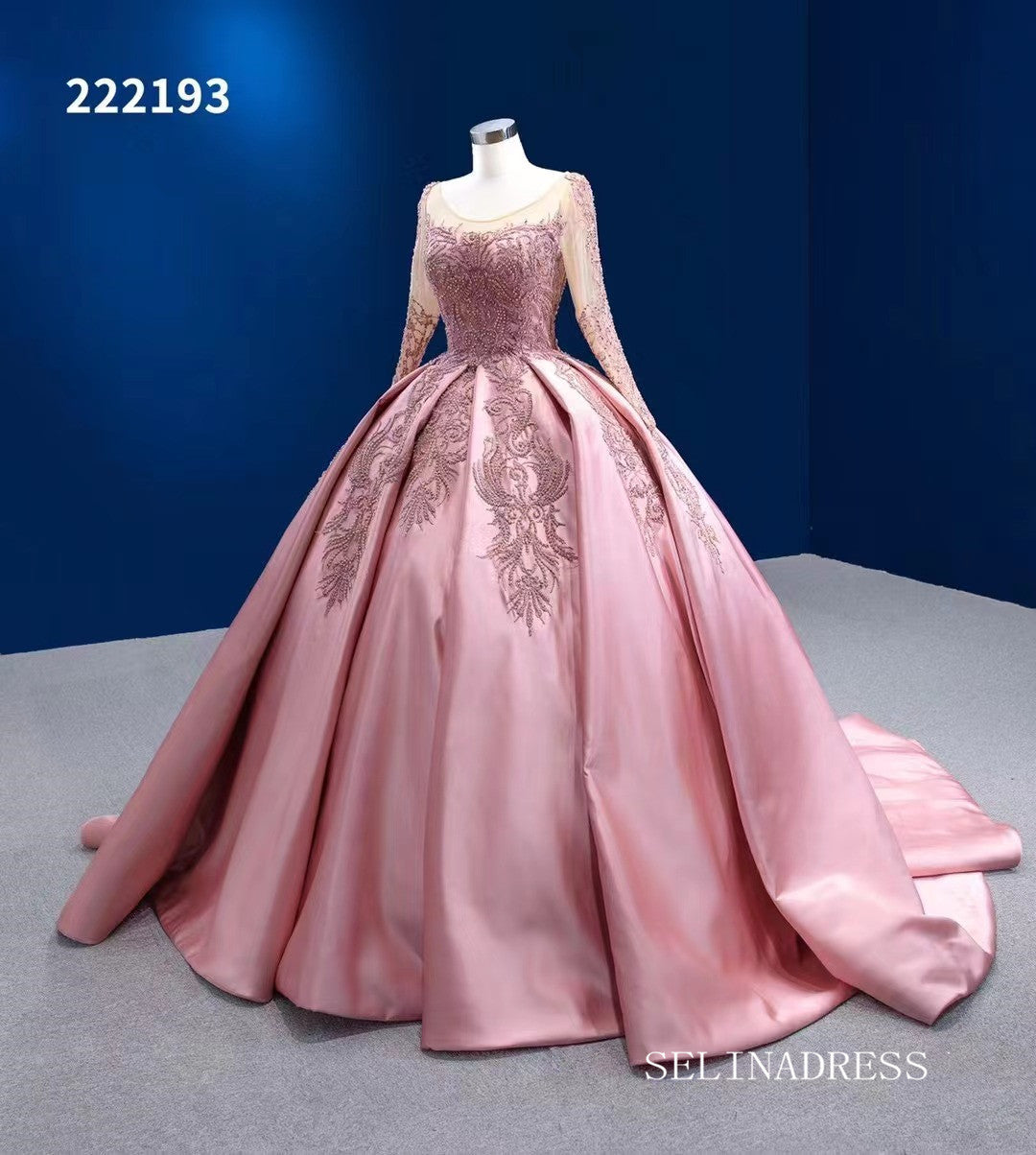 Luxury Scoop Ball Gown Pink Beaded Long Prom Dress Long Sleeve Quincess Dress RSM222193|Selinadress