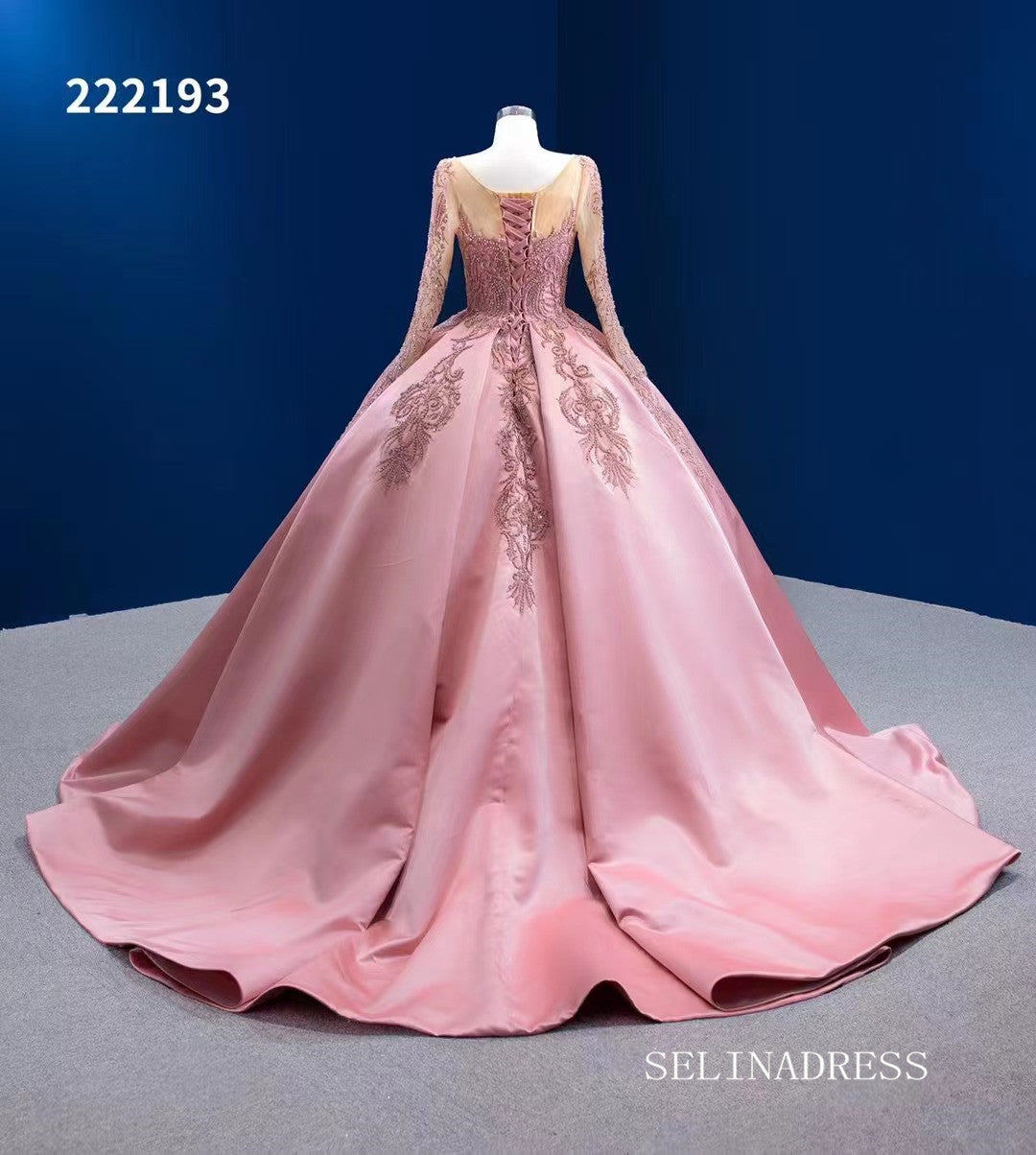 Luxury Scoop Ball Gown Pink Beaded Long Prom Dress Long Sleeve Quincess Dress RSM222193|Selinadress