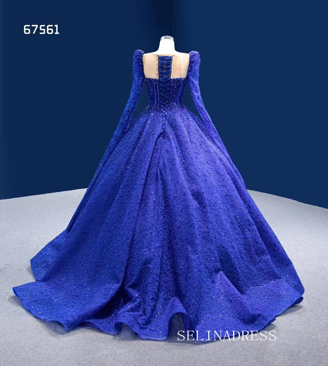 Luxury Scoop Long Sleeve Royal Blue Ball Gown Prom Dress Beaded Quincess Evening Gowns RSM67561|Selinadress