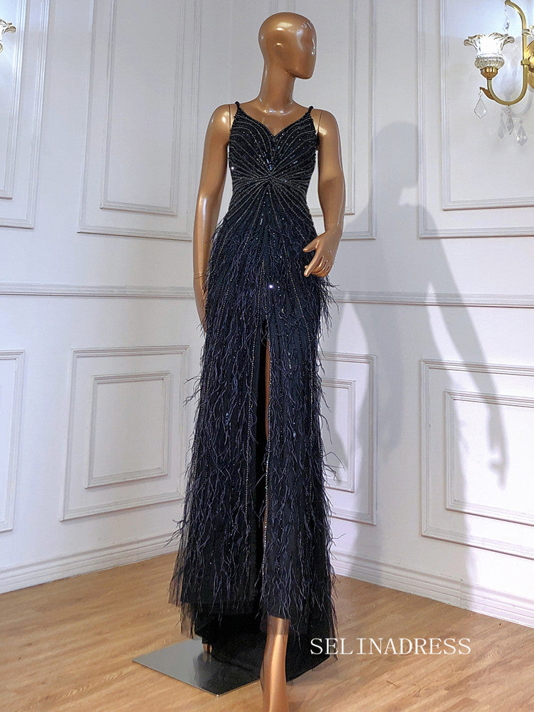 luxury Spaghetti Straps Mermaid Feather Long Prom Dress Dubai Evening Formal Gowns hlkS006