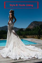 Mermaid Beach Wedding Dresses V-neck Sweep Train Rustic Lace Bridal Gown SEW029|Selinadress