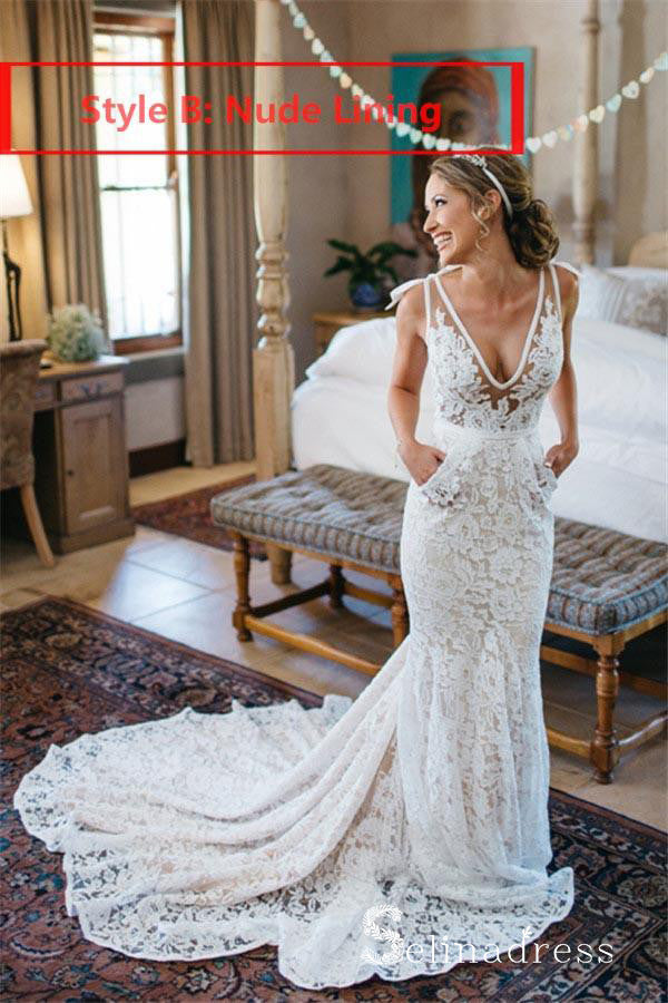 Mermaid Beach Wedding Dresses V-neck Sweep Train Rustic Lace Bridal Gown SEW029|Selinadress