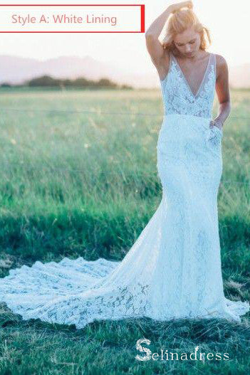 Mermaid Beach Wedding Dresses V-neck Sweep Train Rustic Lace Bridal Gown SEW029|Selinadress