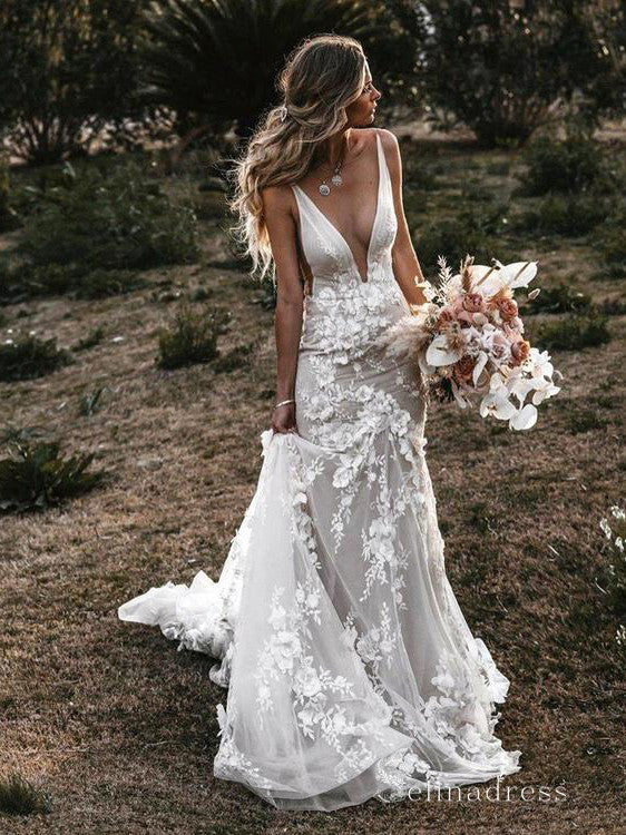 Modern V Neck Lace Spaghetti Strap Mermaid Wedding Dress Open Back Bridal  Gown – Ballbella
