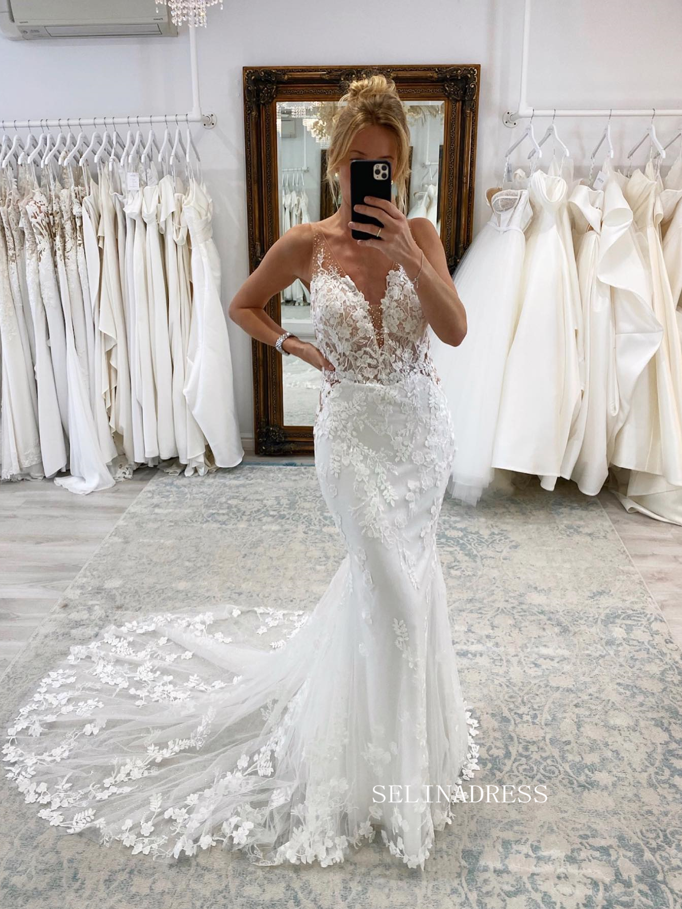 Mermaid Deep V neck Wedding Dresses Romantic 3D Floral Lace Bidal Dresses JKP015|Selinadress