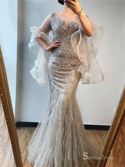 Mermaid Falbala Sleeve Feather Prom Dress luxury Dubai Evening Formal Gown SC035