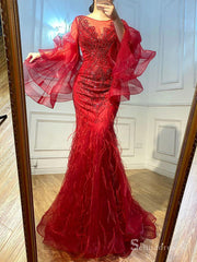 Mermaid Falbala Sleeve Feather Prom Dress luxury Dubai Evening Formal Gown SC035