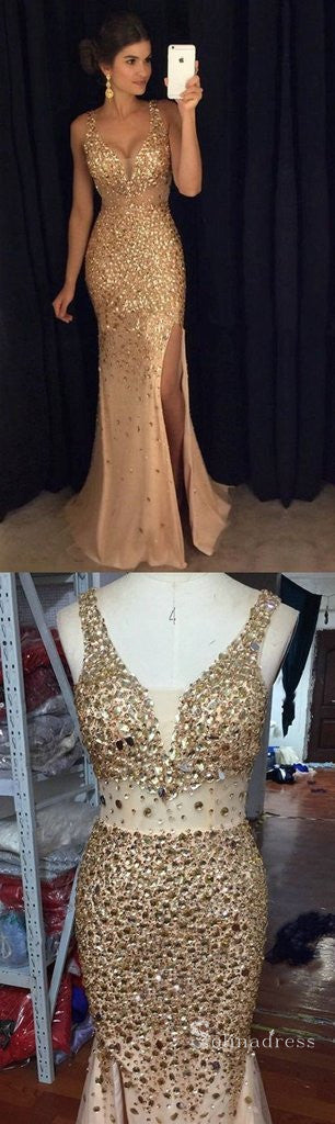 Mermaid Gold Sparkly Long Prom Dresses Beaded Formal Dress Silt Sexy Evening Dress SED029