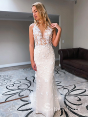 Mermaid Halter V neck 3D Lace Rustice Wedding Dresses CBD492|Selinadress