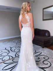 Mermaid Halter V neck 3D Lace Rustice Wedding Dresses CBD492|Selinadress