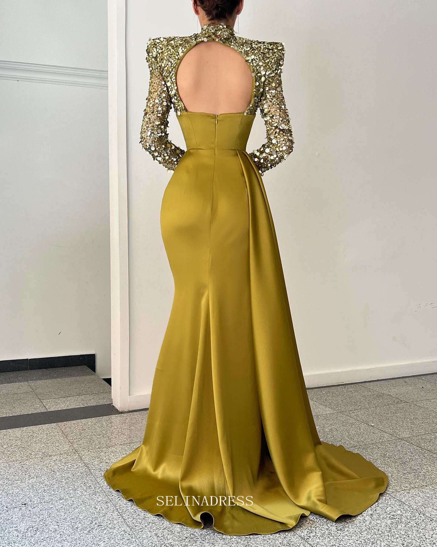 Mermaid High Neck Mustard Yellow African Prom Dress Sequins Long Evening Gowns Formal Dress POL121