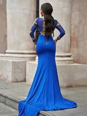 Mermaid High Neck Royal Blue African Prom Dress Gold Applique Evening Gowns #POL038|Selinadress