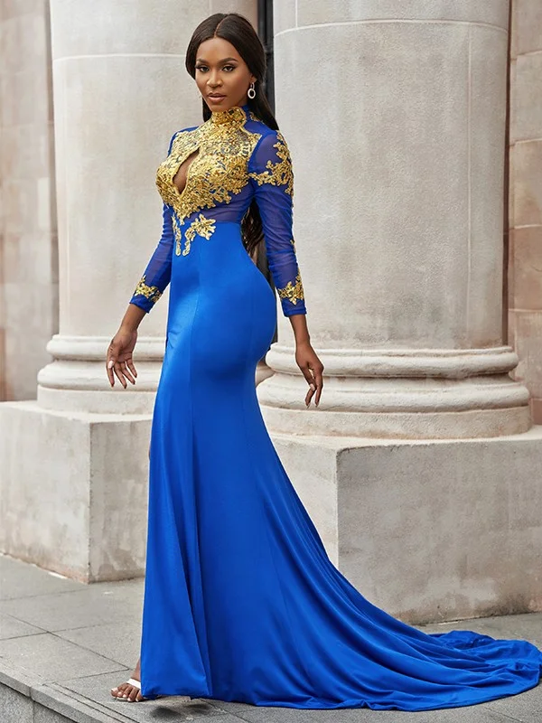 Mermaid High Neck Royal Blue African Prom Dress Gold Applique Evening Gowns #POL038|Selinadress