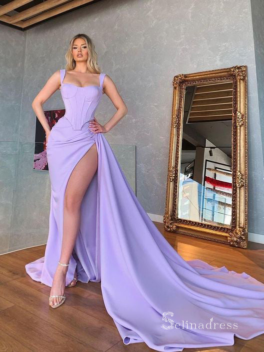 Mermaid Sequins V Neck Lilac Prom Dresses With Slit,Gorgeous Evening Party  Dress CHP0163