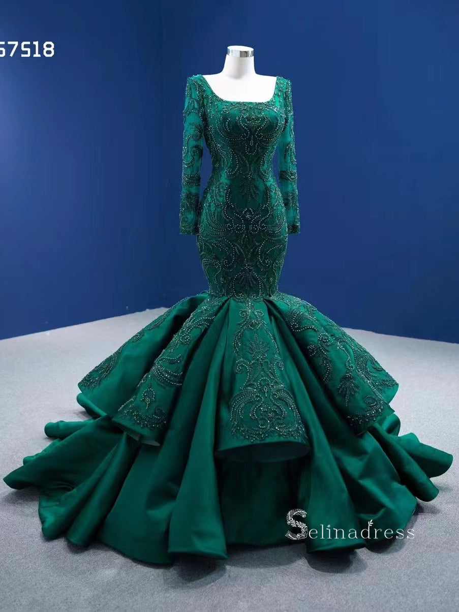 Mermaid Long Sleeve Beaded Dark Green Long Formal Dresses Evening Dresses RSM67518|Selinadress