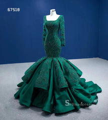 Mermaid Long Sleeve Beaded Dark Green Long Formal Dresses Evening Dresses RSM67518|Selinadress